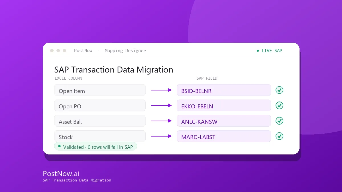 SAP transaction data migration dashboard loading open items and balances to SAP from Excel