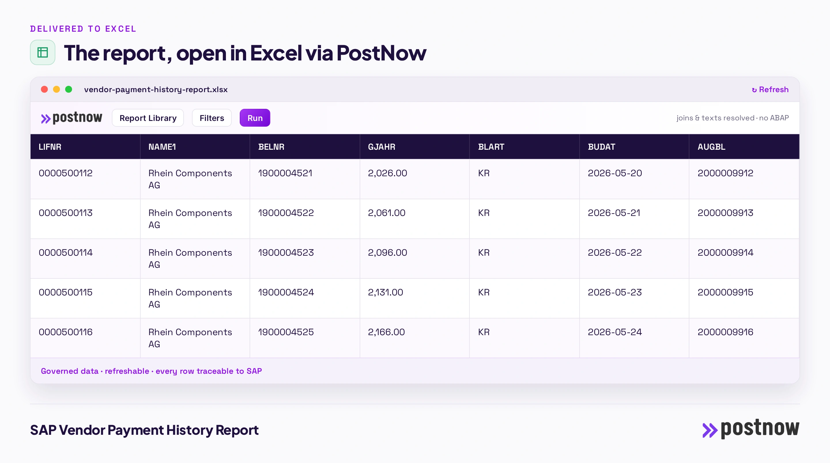 SAP vendor payment history report The finished SAP vendor payment history report open in Excel through the PostNow task pane, with the joined columns, a refresh control and governed data pulled straight from SAP without ABAP.