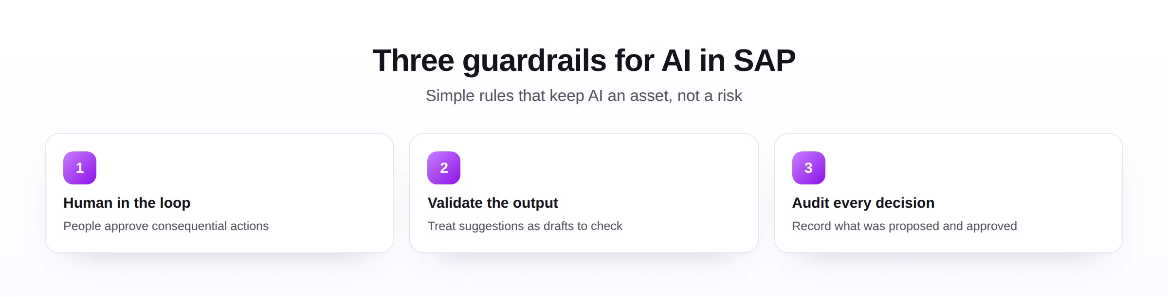 Three guardrails for using AI in SAP: human in the loop, validate the output, and audit every decision.