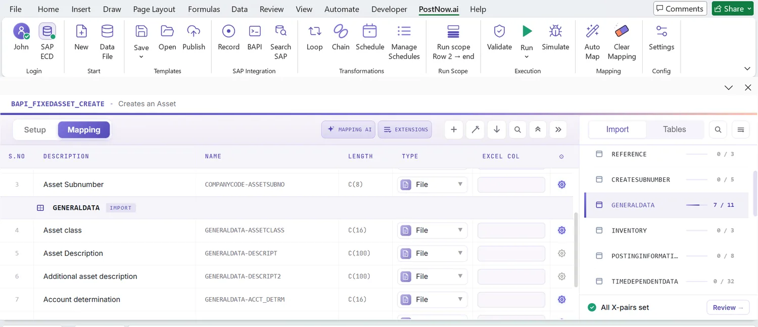 SAP asset master automation: Mapping Designer listing the asset central fields and the depreciation-area fields