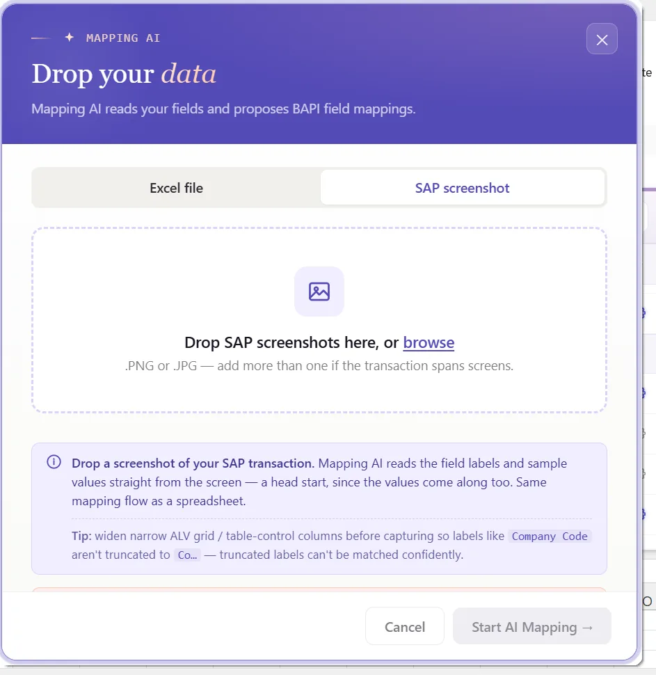SAP asset master automation: Mapping AI matching asset and depreciation-area fields from headers or a screenshot