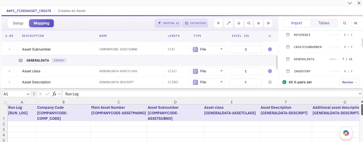 SAP asset master automation: Auto Map with grouping: depreciation-area rows nested under each asset (view 3 of 3)