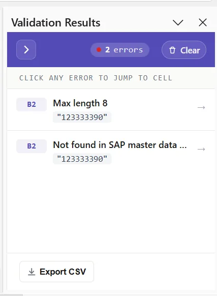 SAP asset master automation: Validation panel: flagged cells, fixes applied, "0 rows will fail in SAP"