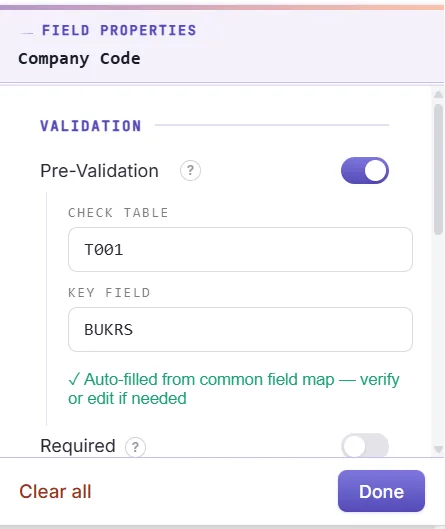 SAP asset master automation: Field validation enabled with a check table, then a live SAP result for the cell