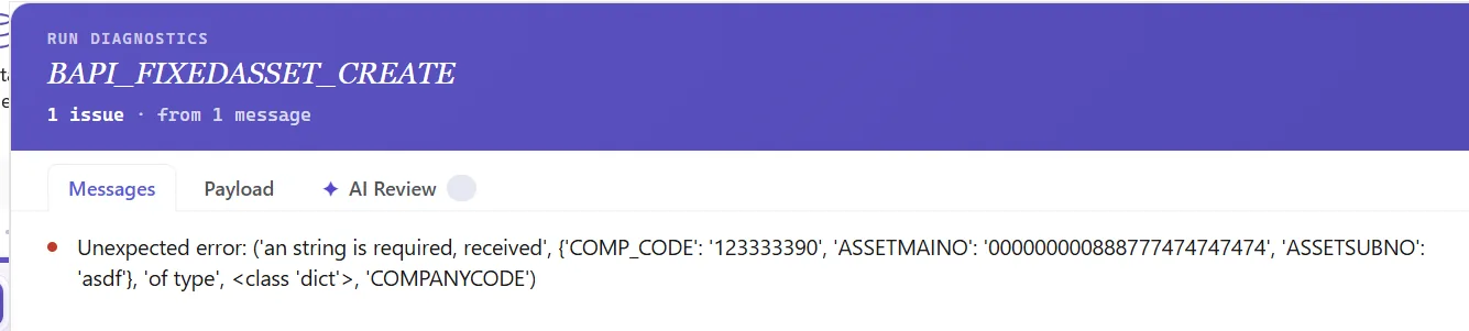 SAP asset master automation: Run popup: live pass/fail, asset numbers written back, payload view, AI Review (view 2 of 3)