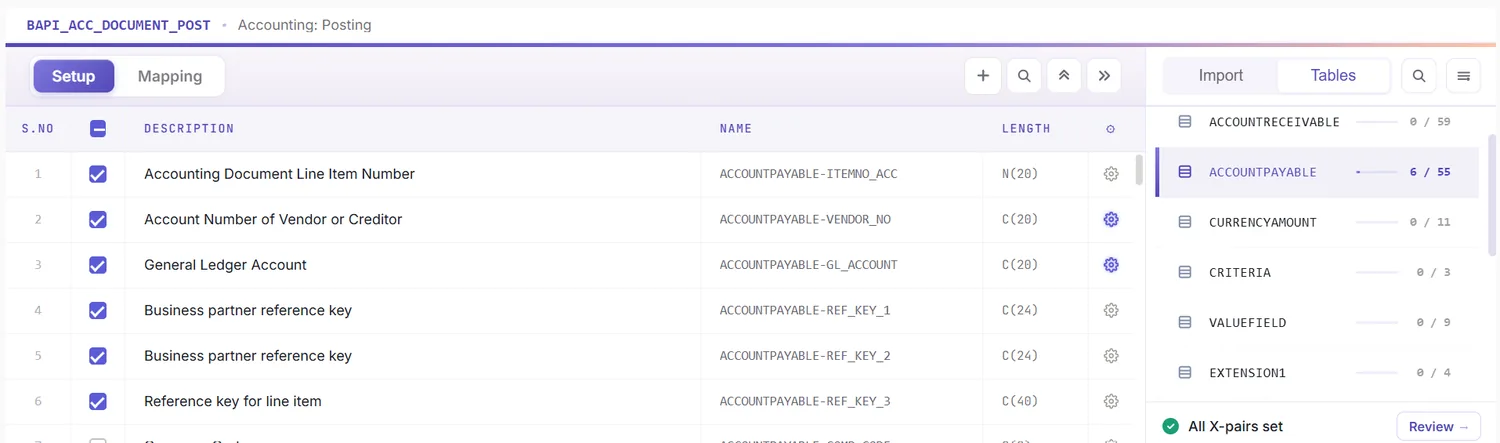 SAP asset posting automation: Mapping Designer listing the acquisition header and asset line fields (view 2 of 2)