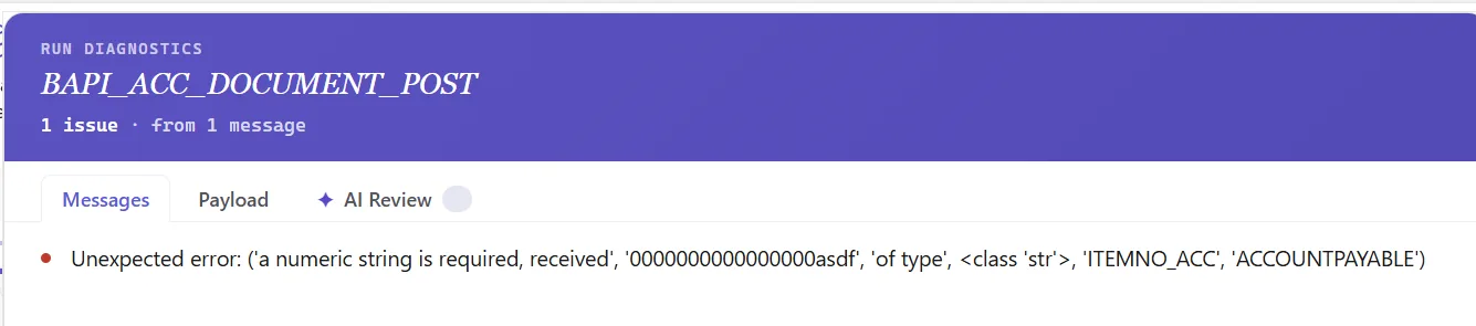 SAP asset posting automation: Run popup: live pass/fail, document keys written back, payload view, AI Review