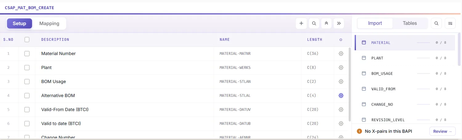 SAP bill of material automation: Mapping Designer listing the BOM header and component fields