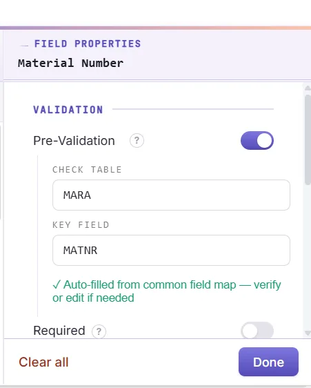 SAP bill of material automation: Validation panel: cells flagged, fixes applied, "0 BOMs will fail in SAP"