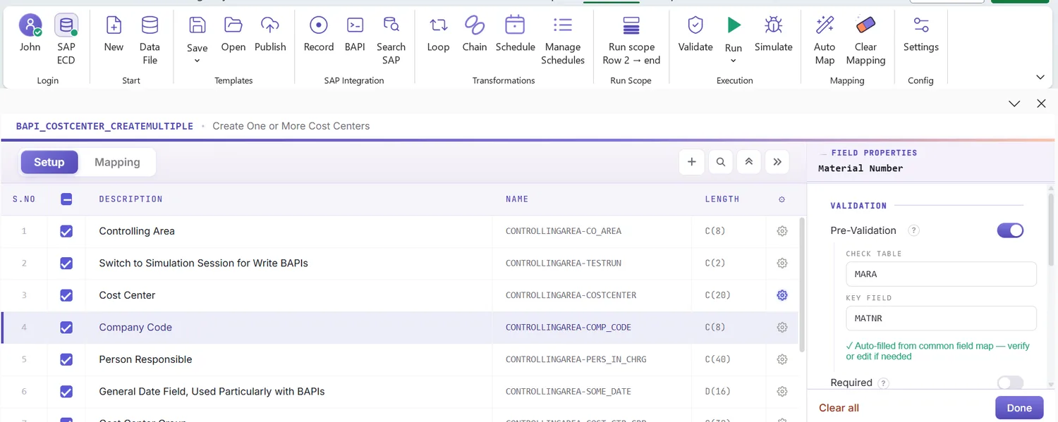 SAP cost center automation: Mapping Designer listing the cost center list fields and any detected extensions