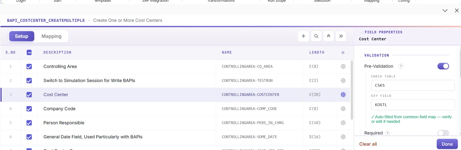 SAP cost center automation: Field properties with date formatting on the validity columns and number padding