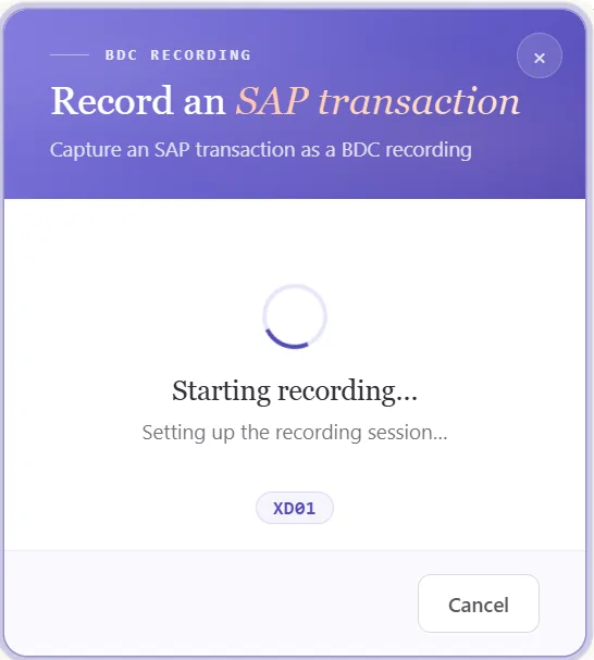 SAP customer master automation: Recording an XD01 customer creation across the general, company code, and sales area screens (view 2 of 3)
