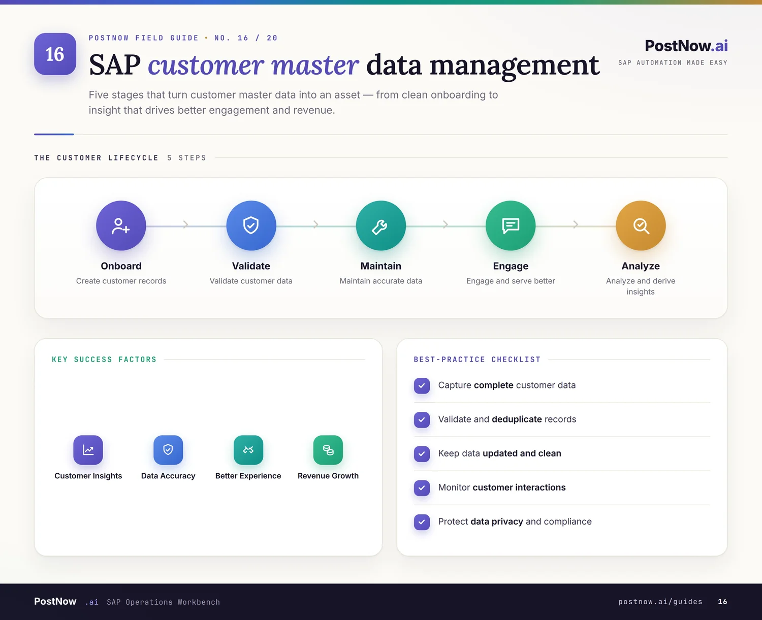 SAP customer master automation infographic showing how customer records are created from Excel across sales, company, and general views.