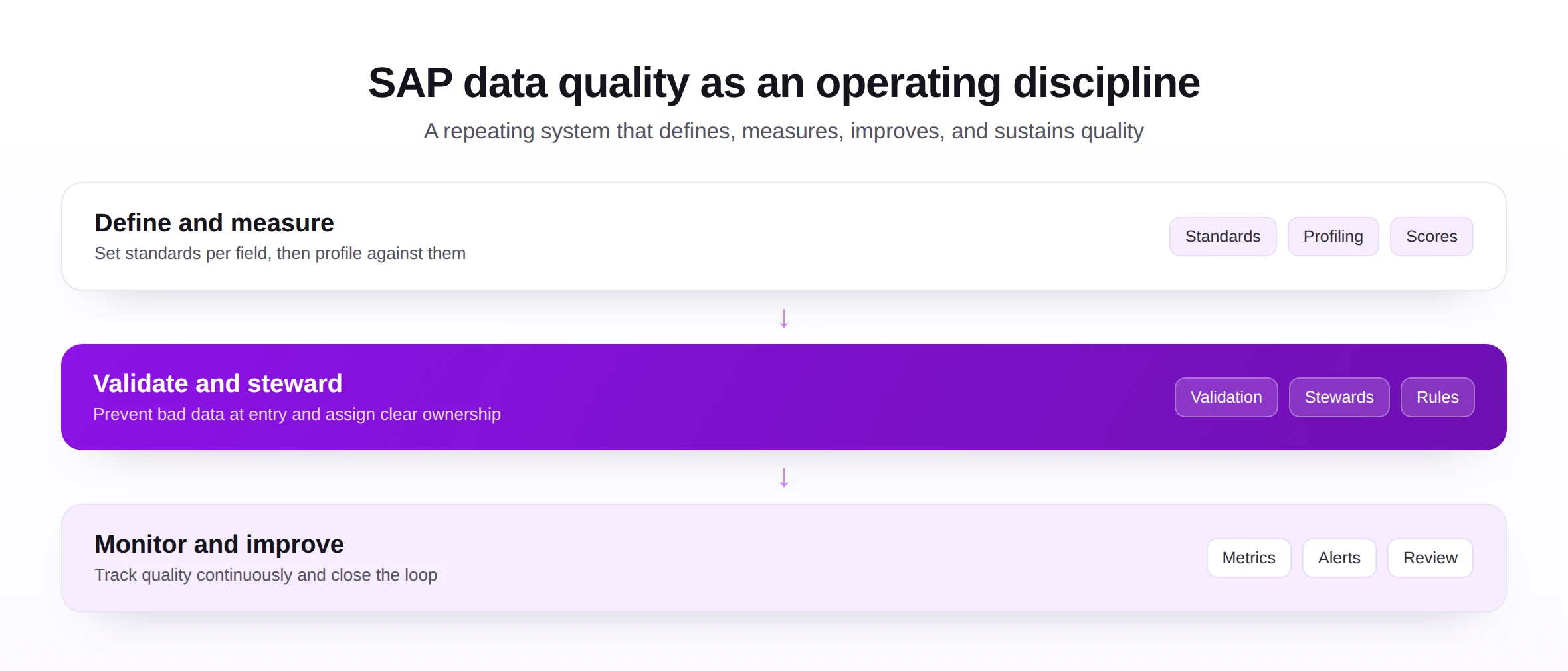 SAP data quality shown as an operating discipline that defines, measures, validates, stewards, monitors, and improves quality.