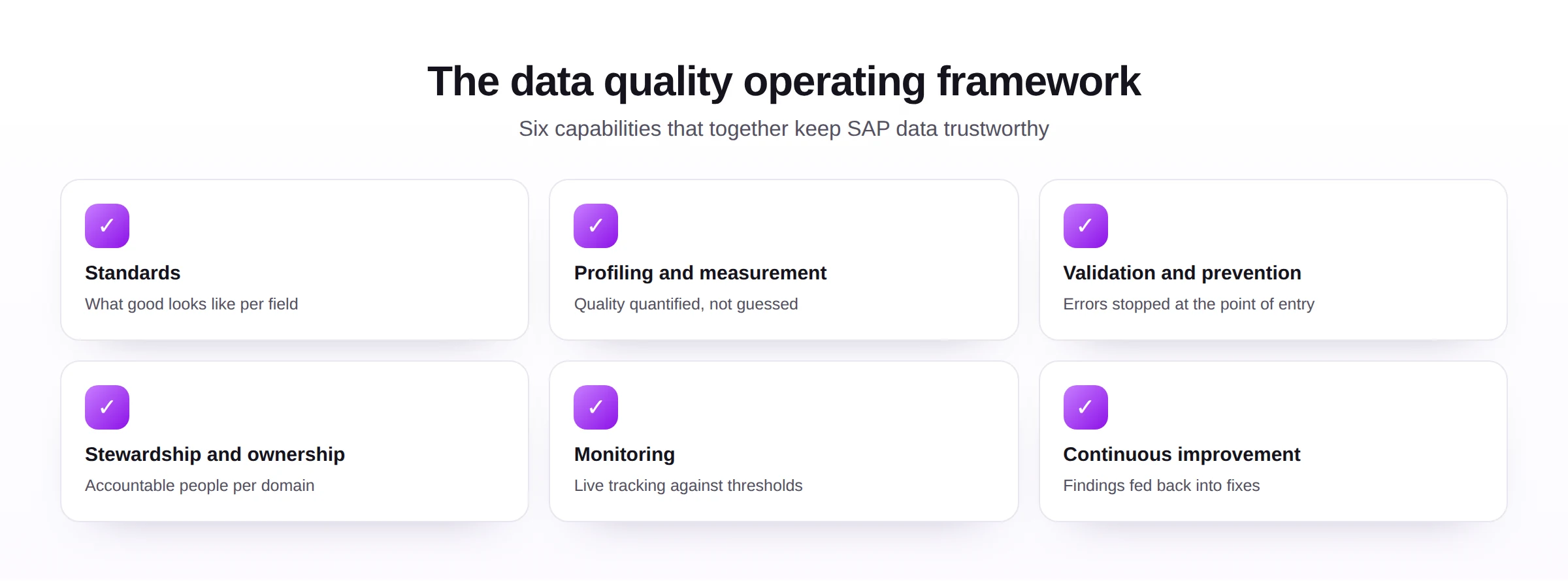The six capabilities of the SAP data quality operating framework: standards, profiling and measurement, validation and prevention, stewardship and ownership, monitoring, and continuous improvement.