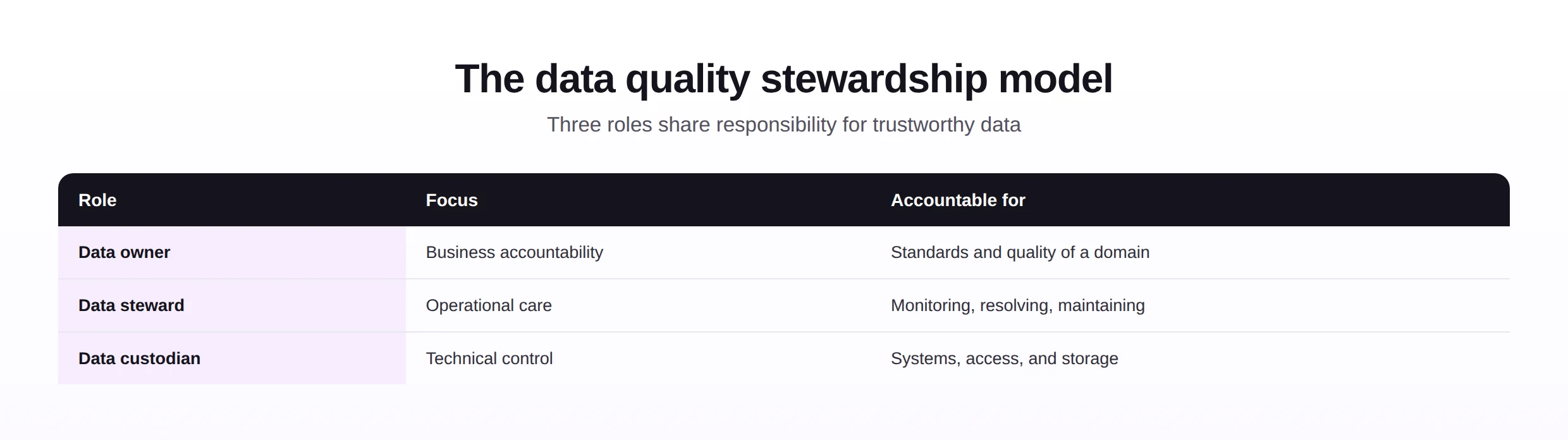 The SAP data quality stewardship model showing data owner, data steward, and data custodian roles and responsibilities.