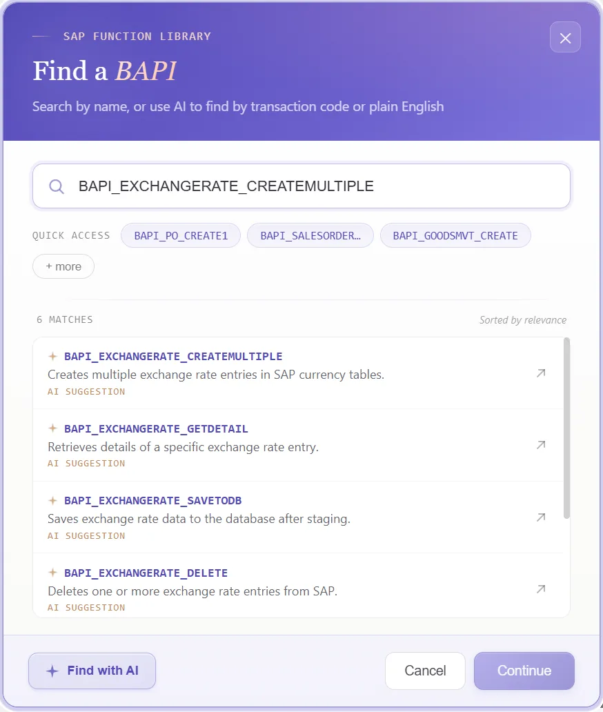 SAP exchange rate automation: Function finder with BAPI_EXCHANGERATE_CREATEMULTIPLE selected and its rate structure