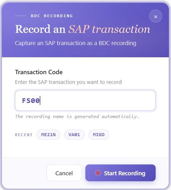 SAP gl account master automation: Recording an FS00 account creation across the chart of accounts and company code segments (view 1 of 2)