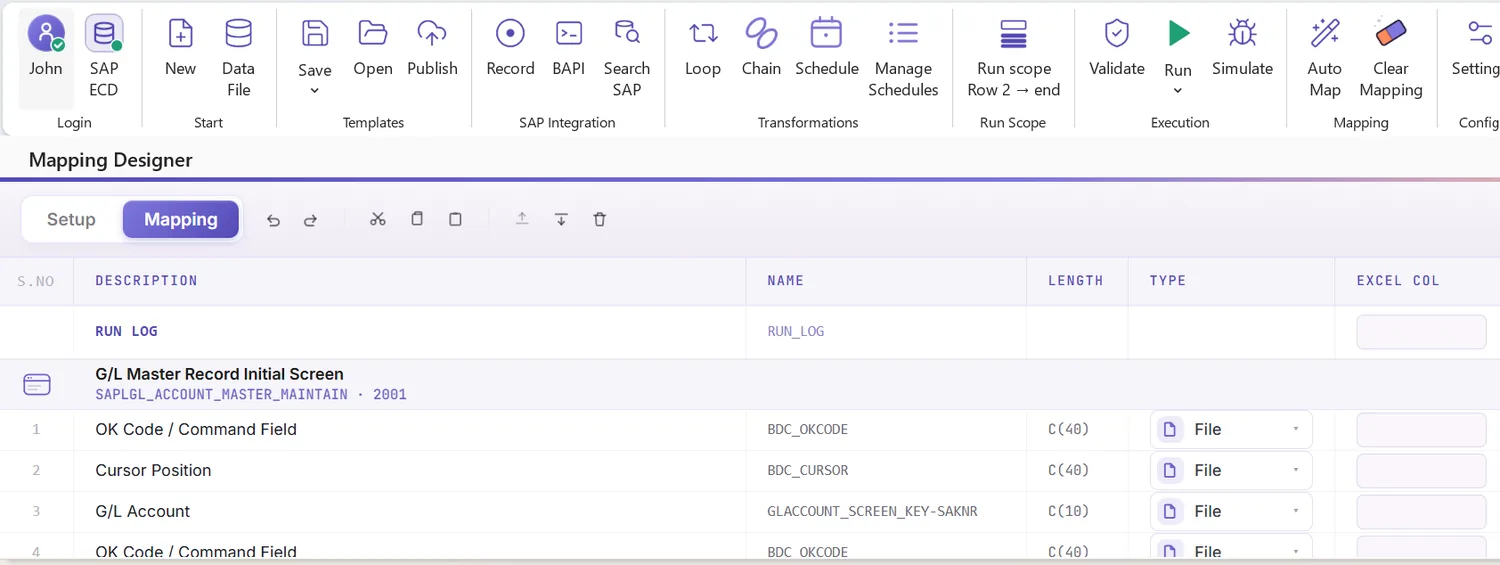 SAP gl account master automation: Mapping Designer listing the recorded GL account fields by segment