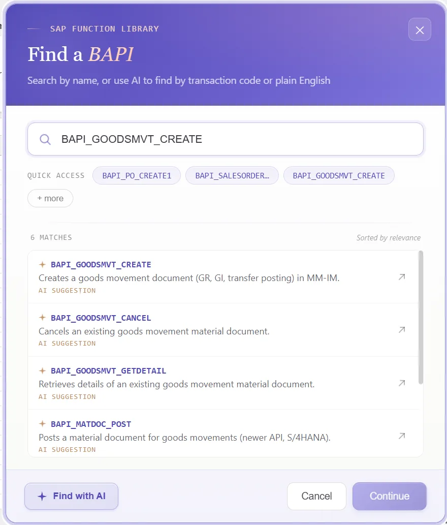 SAP goods movement automation: Function finder with BAPI_GOODSMVT_CREATE selected, movement code and structures shown