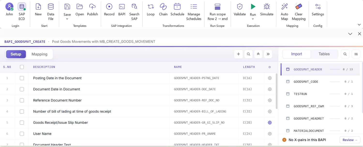 SAP goods movement automation: Mapping Designer listing goods movement header and item fields (view 1 of 2)