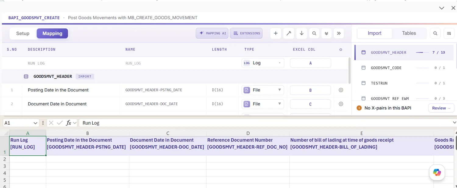 SAP goods movement automation: Validation run: cells flagged, fixes applied, no rows set to fail in SAP