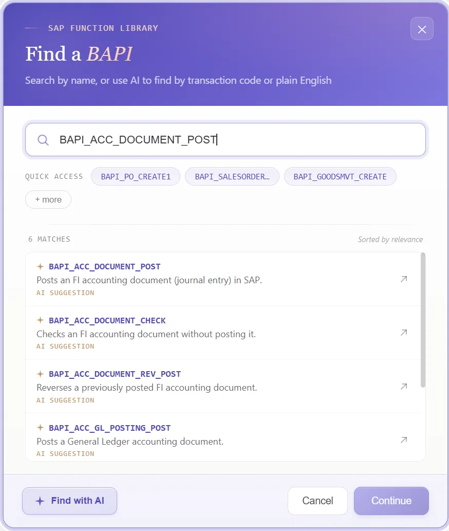 SAP journal entry automation: Function finder with BAPI_ACC_DOCUMENT_POST selected and its header and line structures