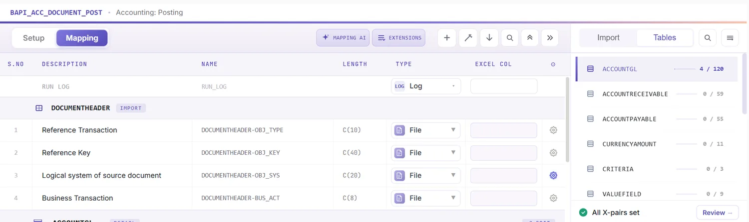 SAP journal entry automation: Mapping Designer listing the journal header and line-item fields