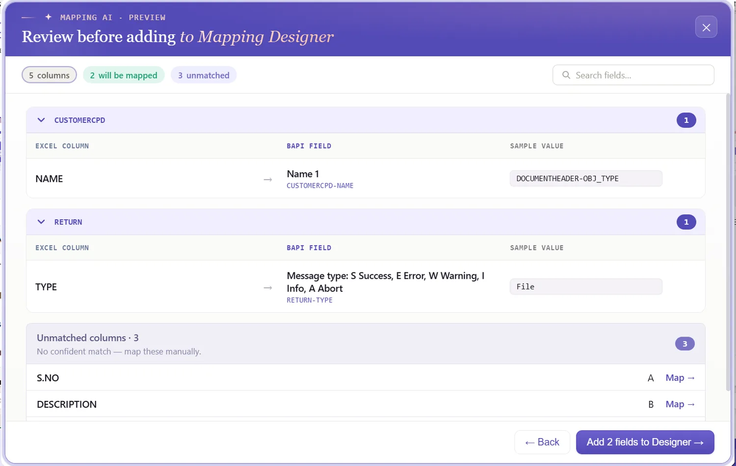 SAP journal entry automation: Mapping AI matching journal fields from Excel headers or a screenshot (view 3 of 3)