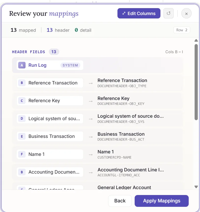 SAP journal entry automation: Auto Map with grouping: posting lines nested under each journal (view 1 of 2)