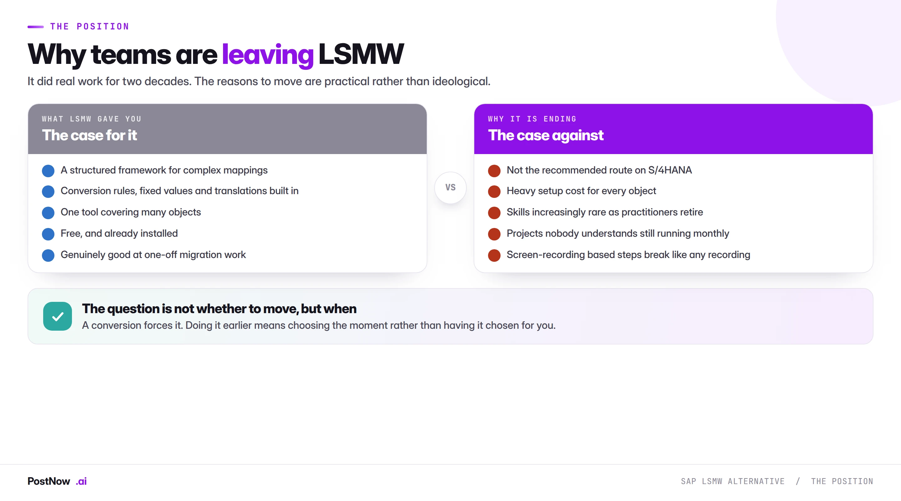 Why SAP teams are leaving LSMW Why SAP teams are leaving LSMW: what it gave them including a structured mapping framework and conversion rules, against why it is ending including not being the S/4HANA route, heavy setup cost and rare skills.