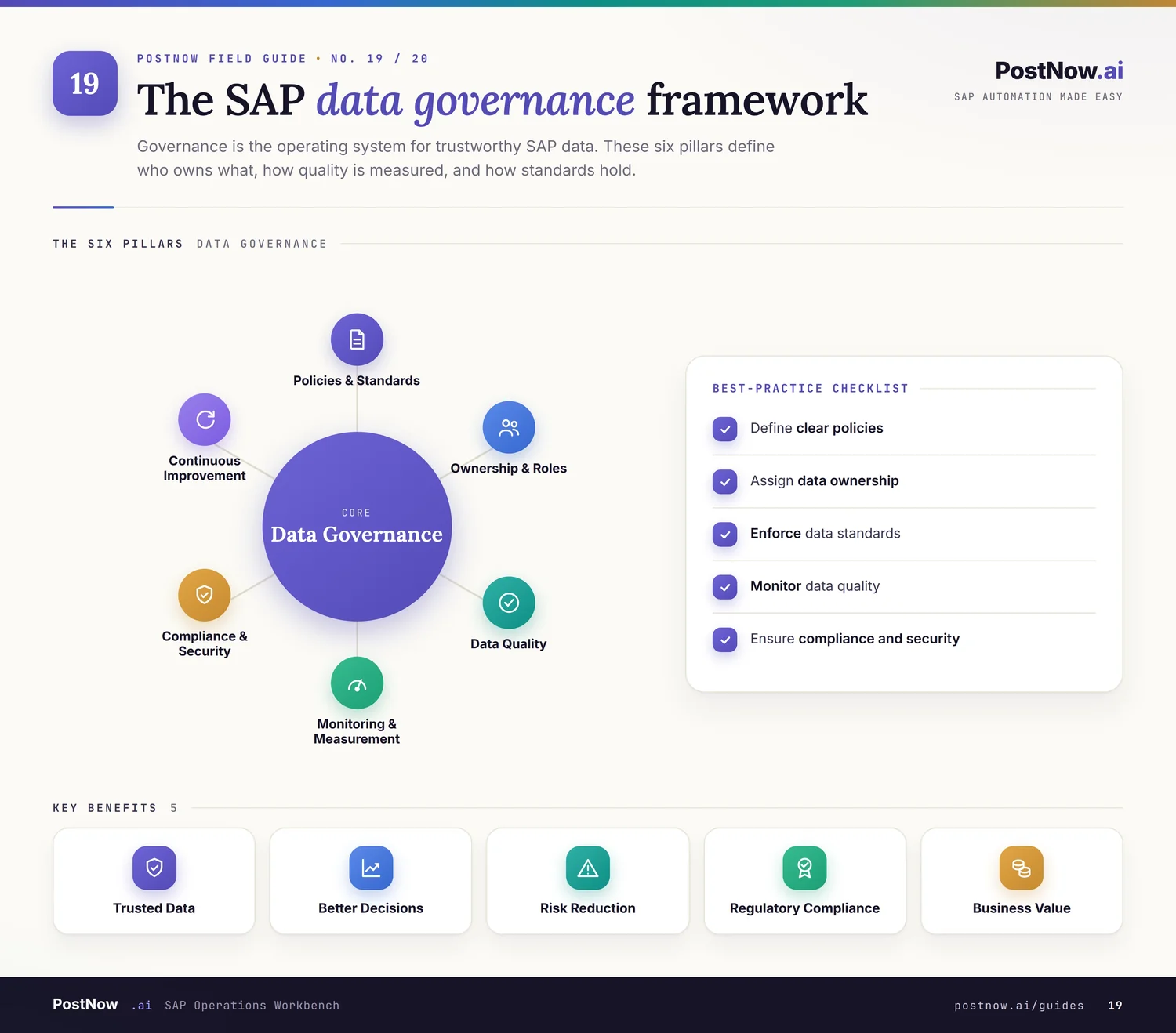 SAP master data governance infographic showing policies, ownership and roles, data quality, and ongoing measurement.