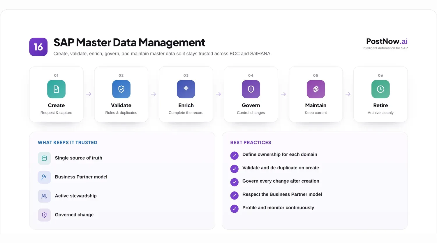 SAP master data management infographic showing the lifecycle: create, validate, enrich, govern, maintain, and retire records.