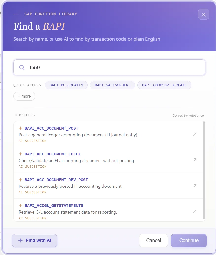 SAP material master automation: Function finder with BAPI_MATERIAL_SAVEDATA selected and its structures listed (view 2 of 2)