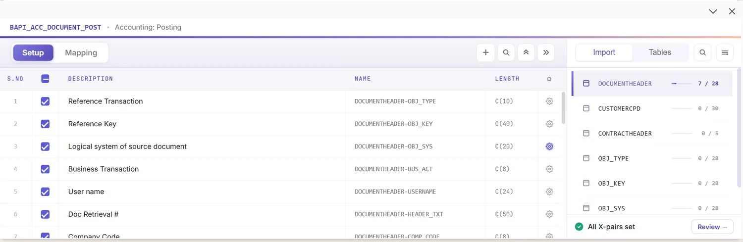 SAP material master automation: Mapping Designer listing the header, view segments, and auto-detected extension fields
