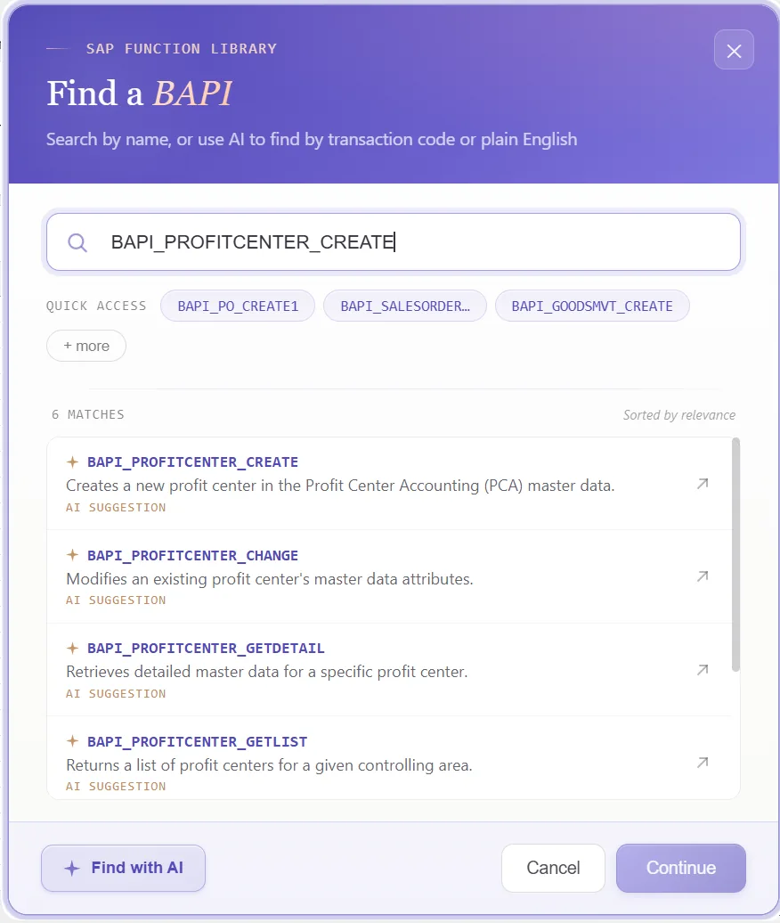 SAP profit center automation: Function finder with BAPI_PROFITCENTER_CREATE selected and its structures shown