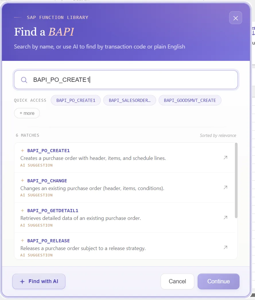 SAP purchase order automation: Function finder with BAPI_PO_CREATE1 selected and its header and item structures
