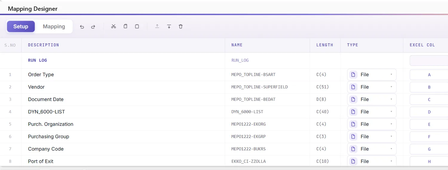 SAP purchase order automation: Mapping Designer listing PO header and item fields and detected extensions