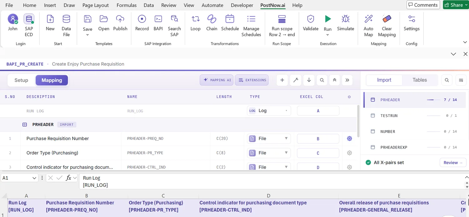 SAP purchase requisition automation: Auto Map result: requisition columns mapped and headers synced into the sheet (view 2 of 2)
