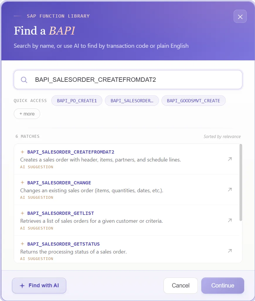 SAP sales order automation: Function finder with BAPI_SALESORDER_CREATEFROMDAT2 selected and its structures