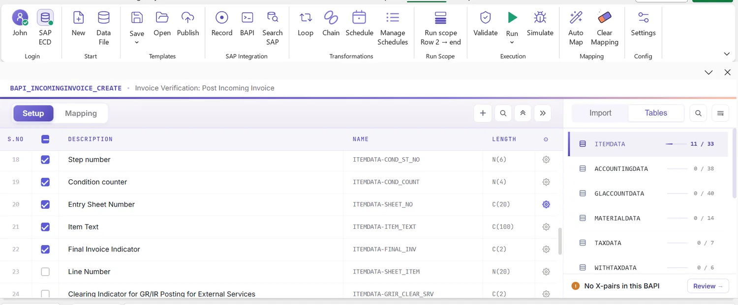 SAP vendor invoice automation: Mapping Designer listing the invoice header and item fields (view 1 of 4)