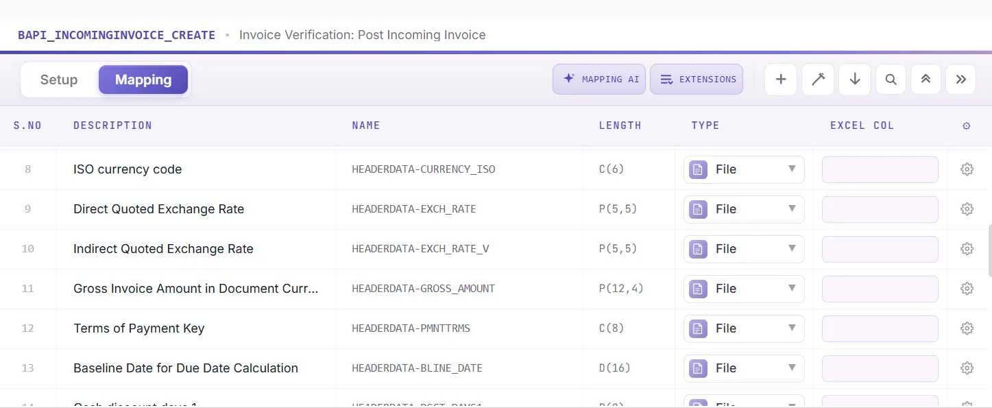 SAP vendor invoice automation: Mapping Designer listing the invoice header and item fields (view 3 of 4)