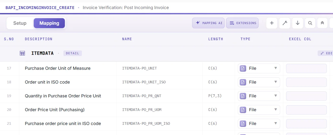 SAP vendor invoice automation: Mapping Designer listing the invoice header and item fields (view 4 of 4)