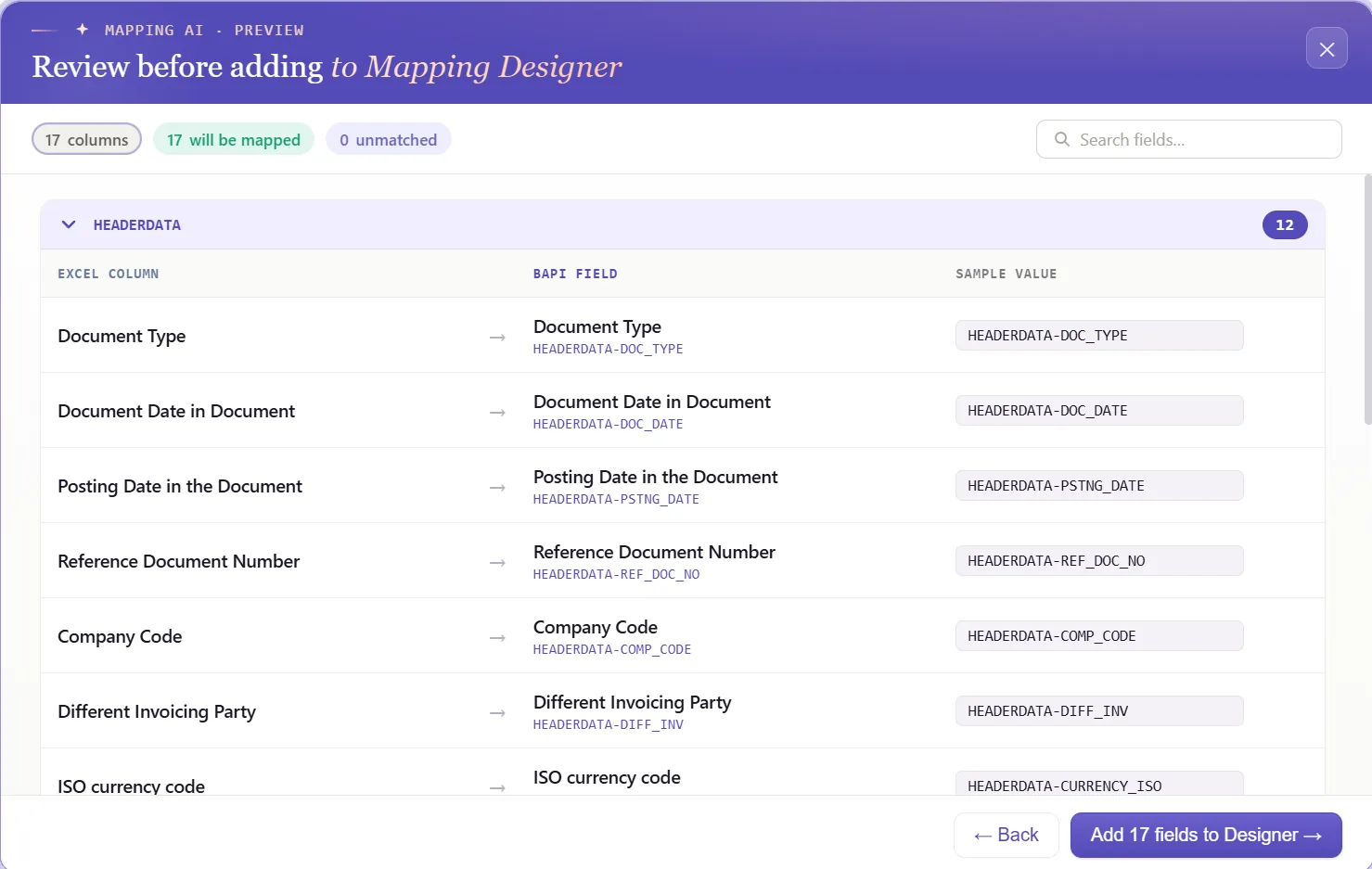 SAP vendor invoice automation: Mapping AI matching invoice fields from Excel headers or a screenshot