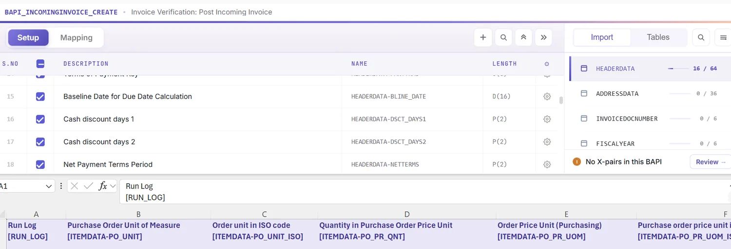 SAP vendor invoice automation: Auto Map with grouping: invoice items nested under each header (view 2 of 2)