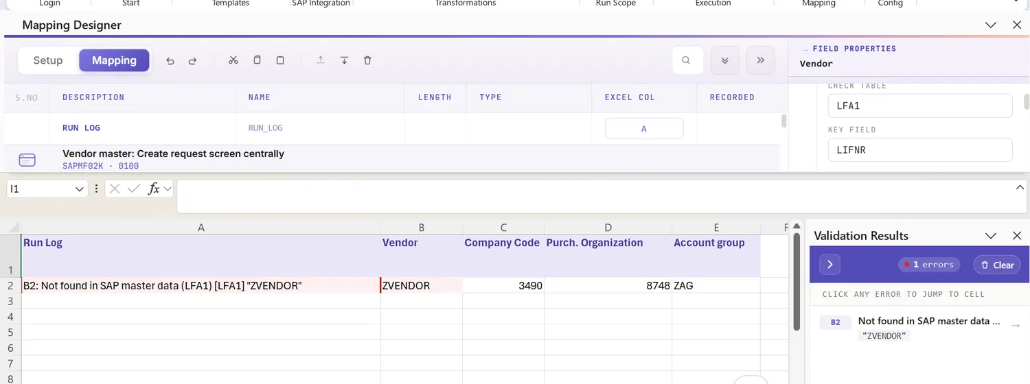 SAP vendor master automation: Field properties with formatting toggles and auto-marked X update fields